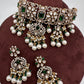 Moissanite Color Stone Victorian Pearls Neckline Choker - Green