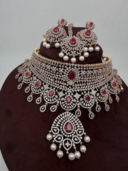 AD Color Stone Gold Polish Choker - Red