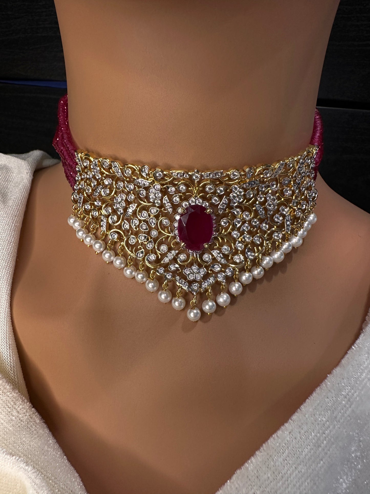 CZ Color Stone Beads Choker - Pink