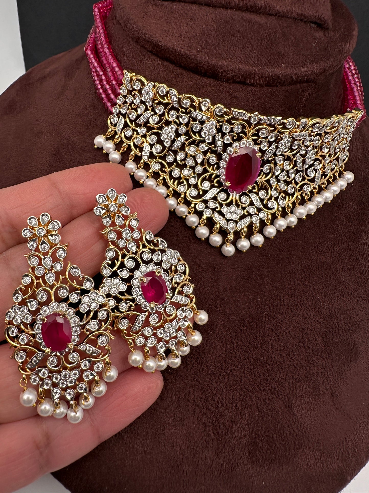 CZ Color Stone Beads Choker - Pink