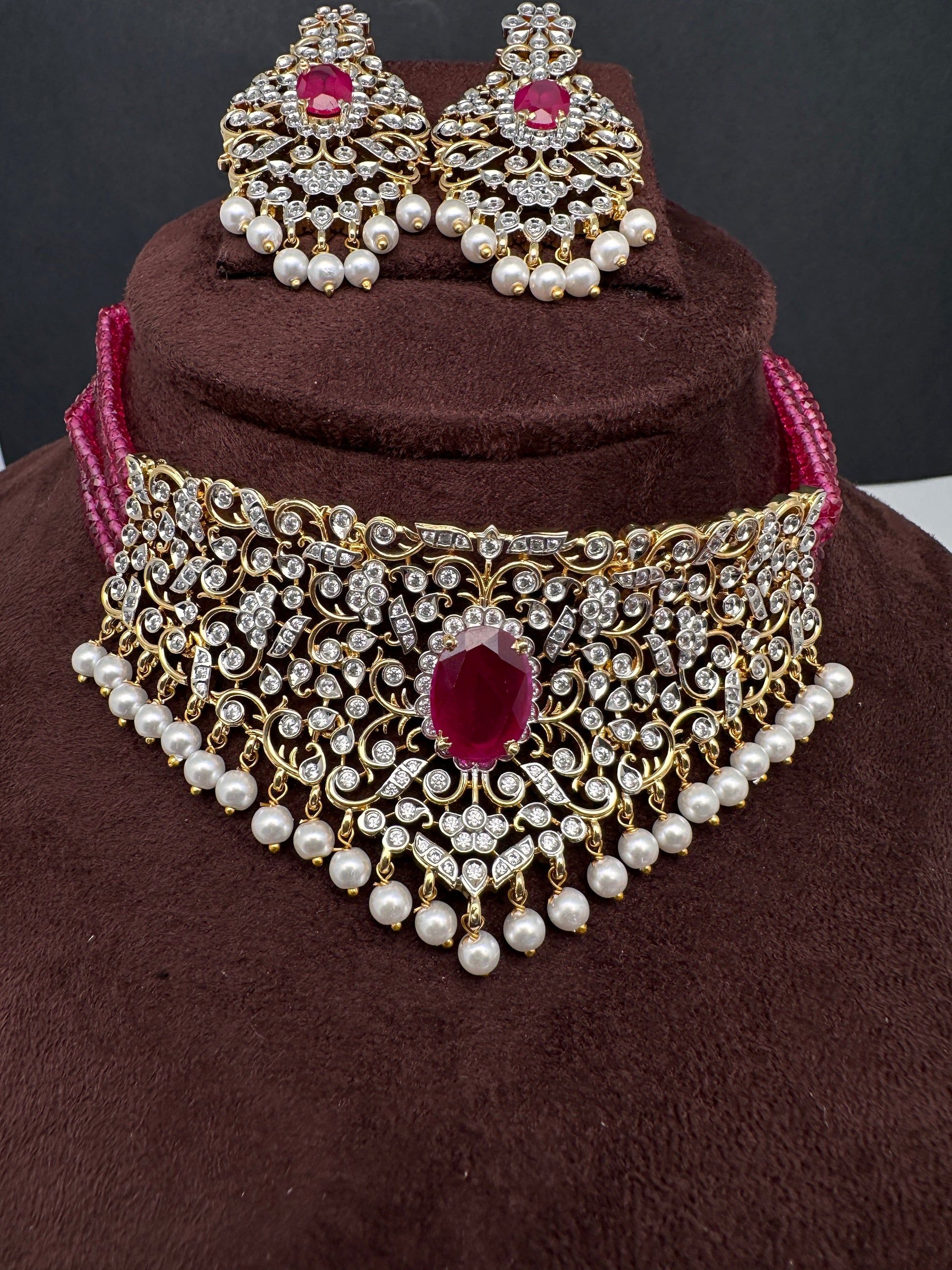CZ Color Stone Beads Choker - Pink