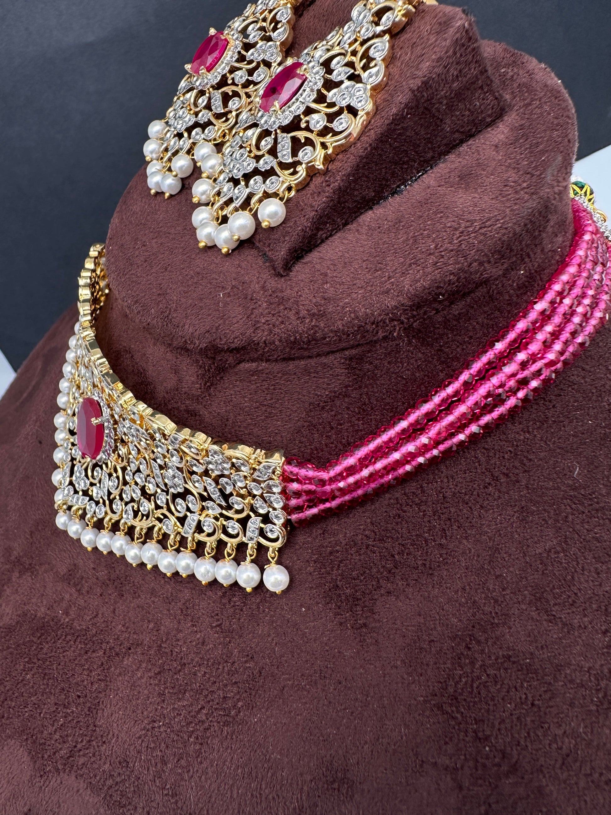 CZ Color Stone Beads Choker - Pink