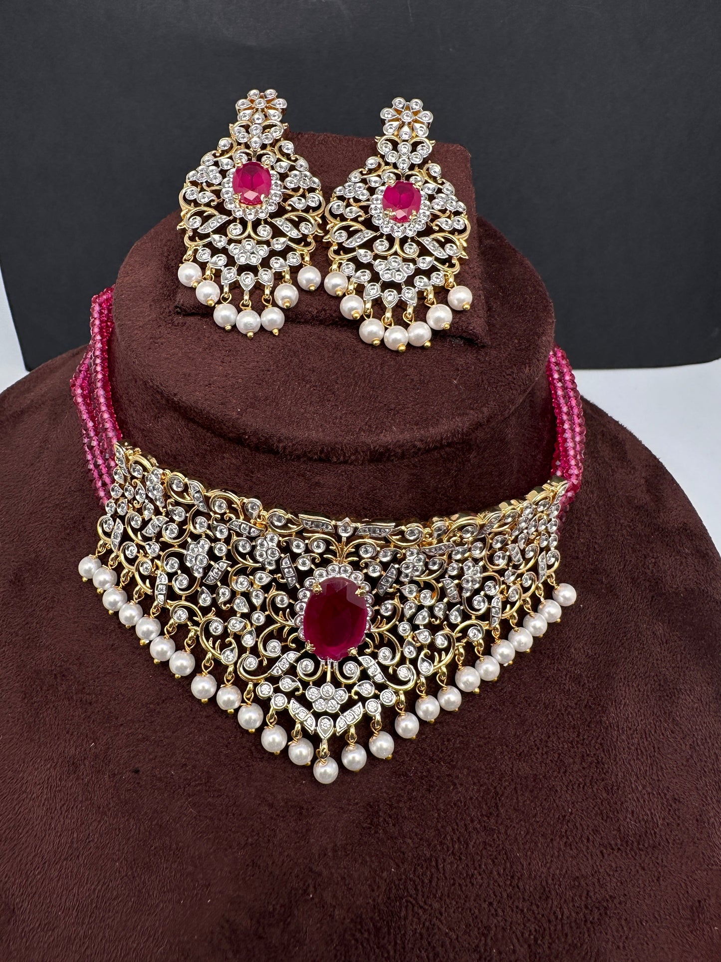 CZ Color Stone Beads Choker - Pink