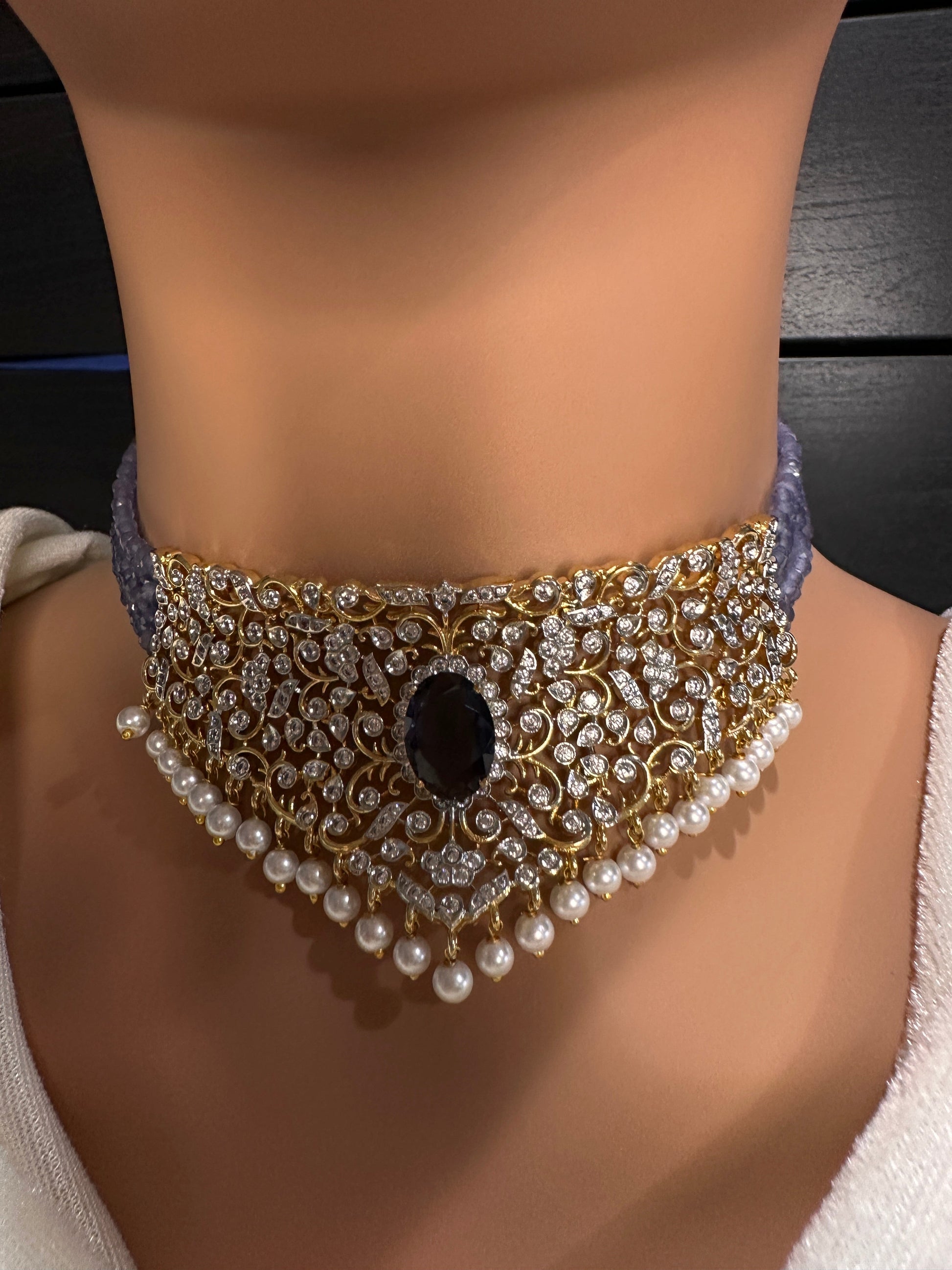 CZ Color Stone Beads Choker - Purple