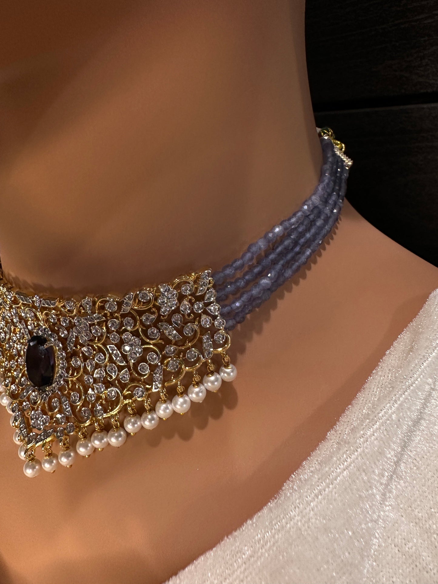 CZ Color Stone Beads Choker - Purple
