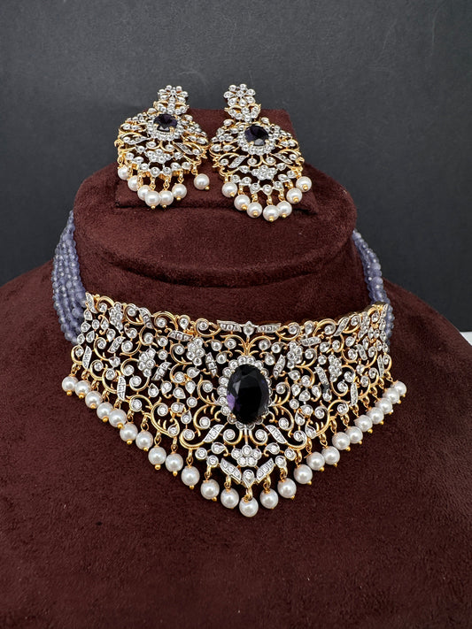CZ Color Stone Beads Choker - Purple