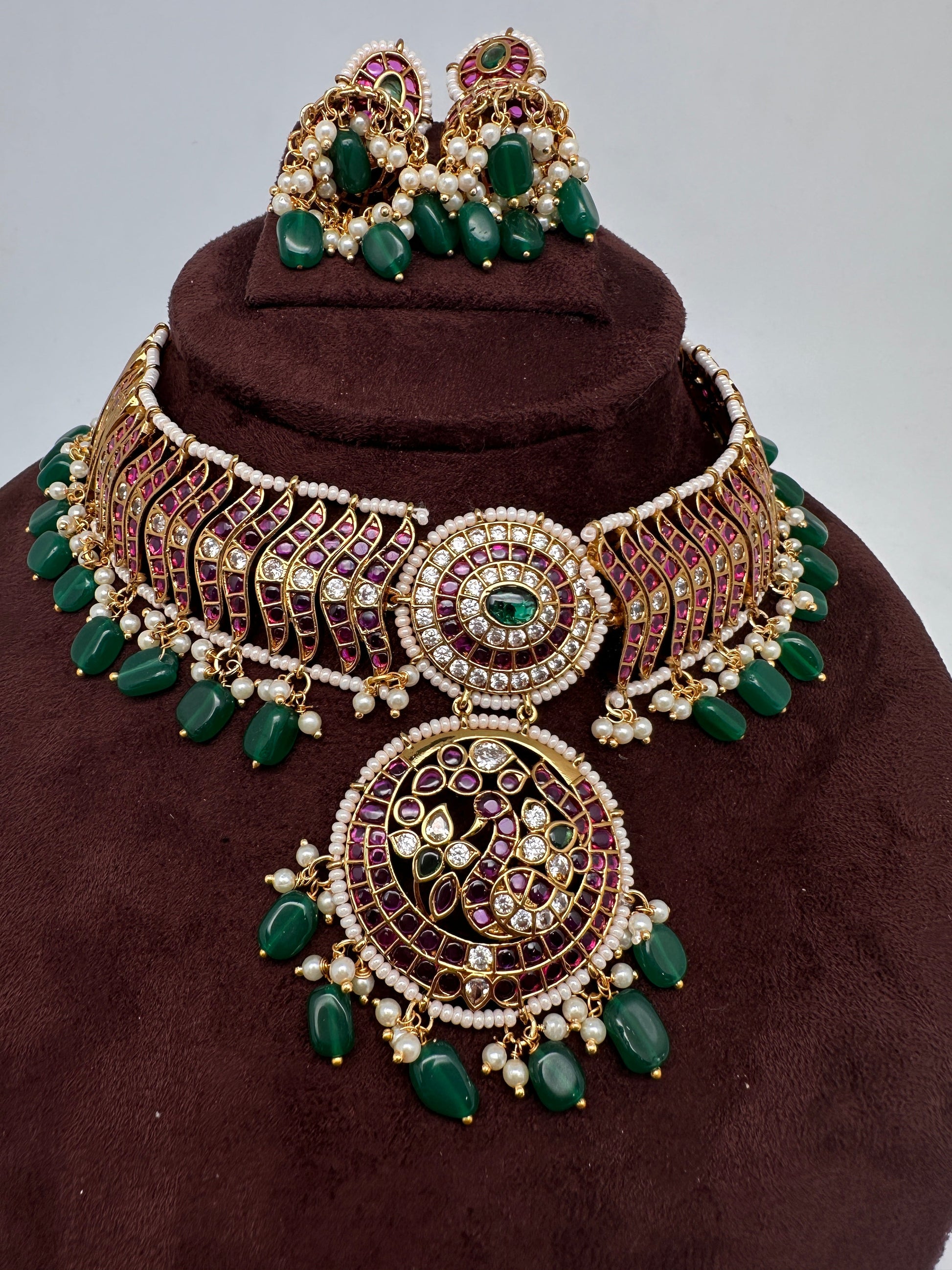 Kemp Matte Peacock Choker with Jhumka - 