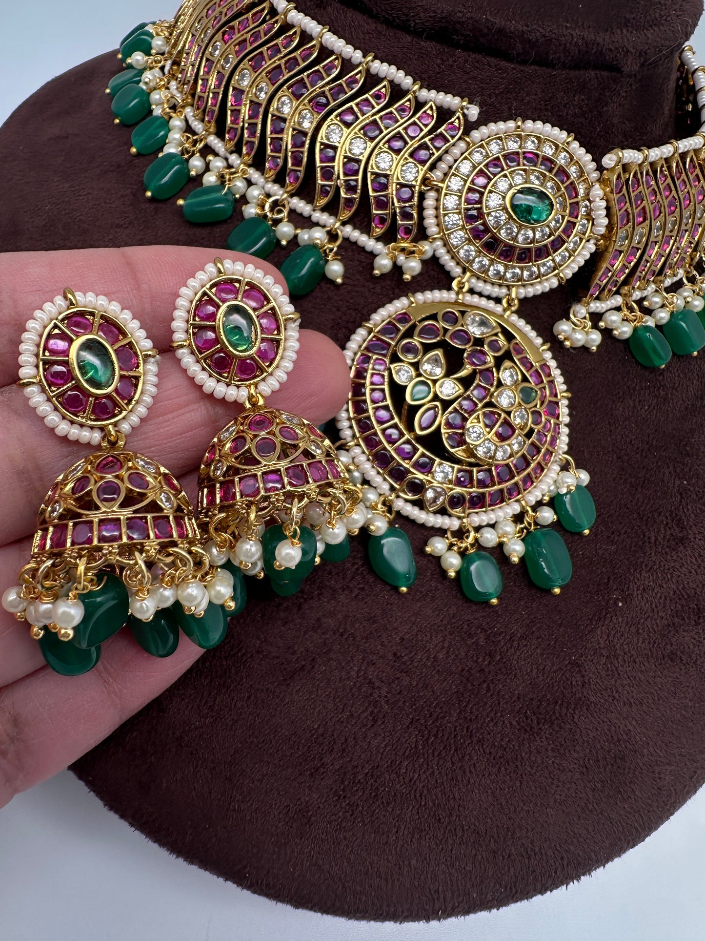 Kemp Matte Peacock Choker with Jhumka - 