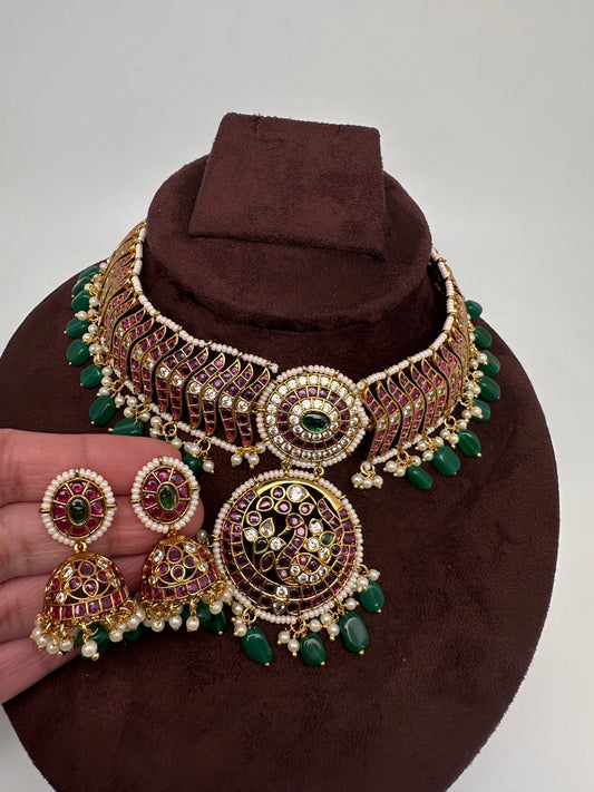 Kemp Matte Peacock Choker with Jhumka - 