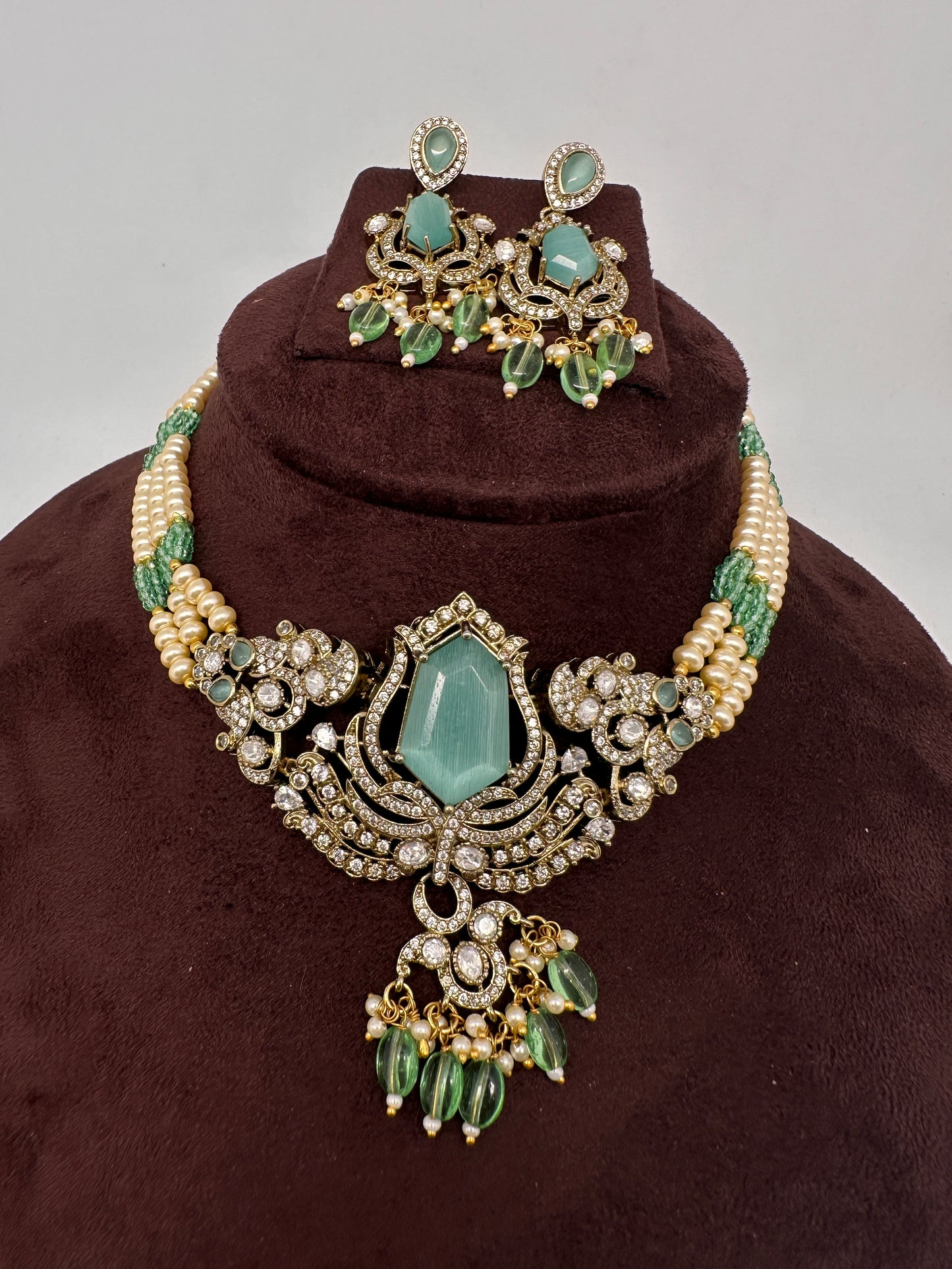 AD VIctorian Color Stone Pearls Beads Choker - MintGreen
