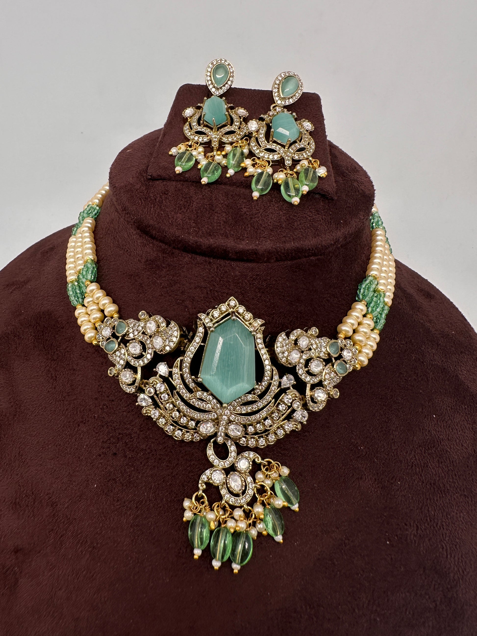 AD VIctorian Color Stone Pearls Beads Choker - MintGreen