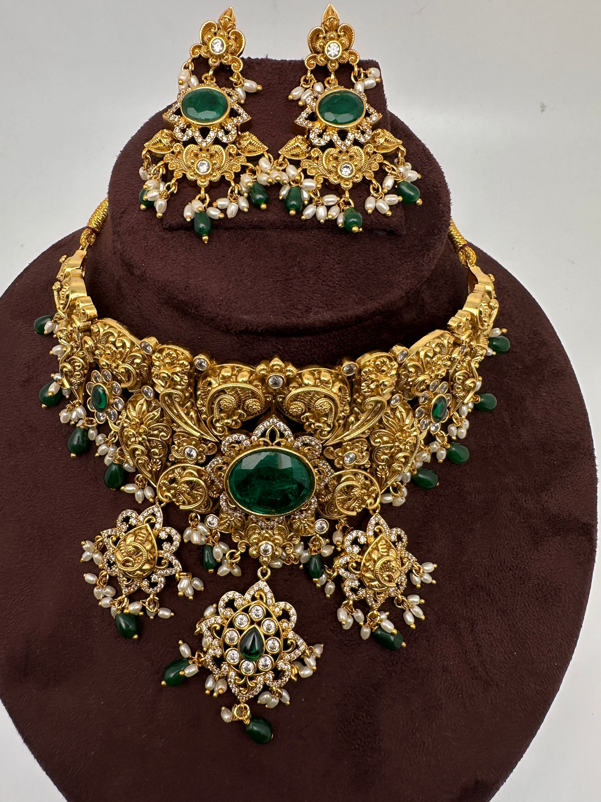 Green Nakshi Matte Choker with Beads and Pearls - 