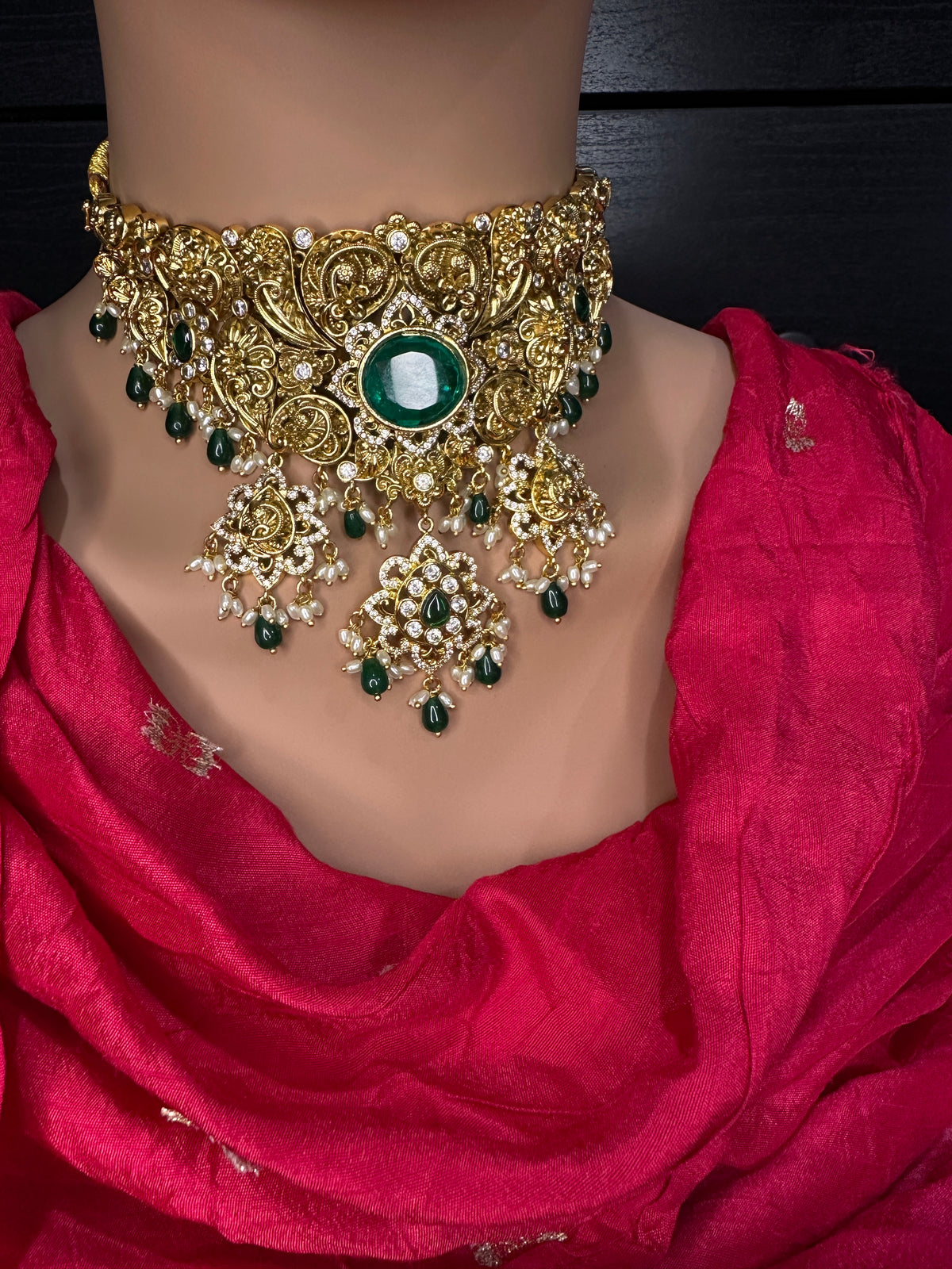 Green Nakshi Matte Choker with Beads and Pearls - 