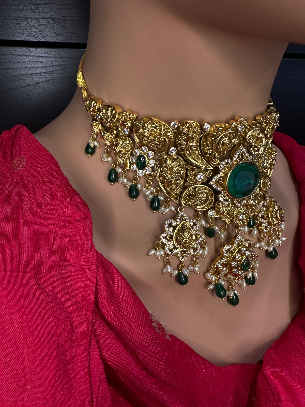 Green Nakshi Matte Choker with Beads and Pearls - 