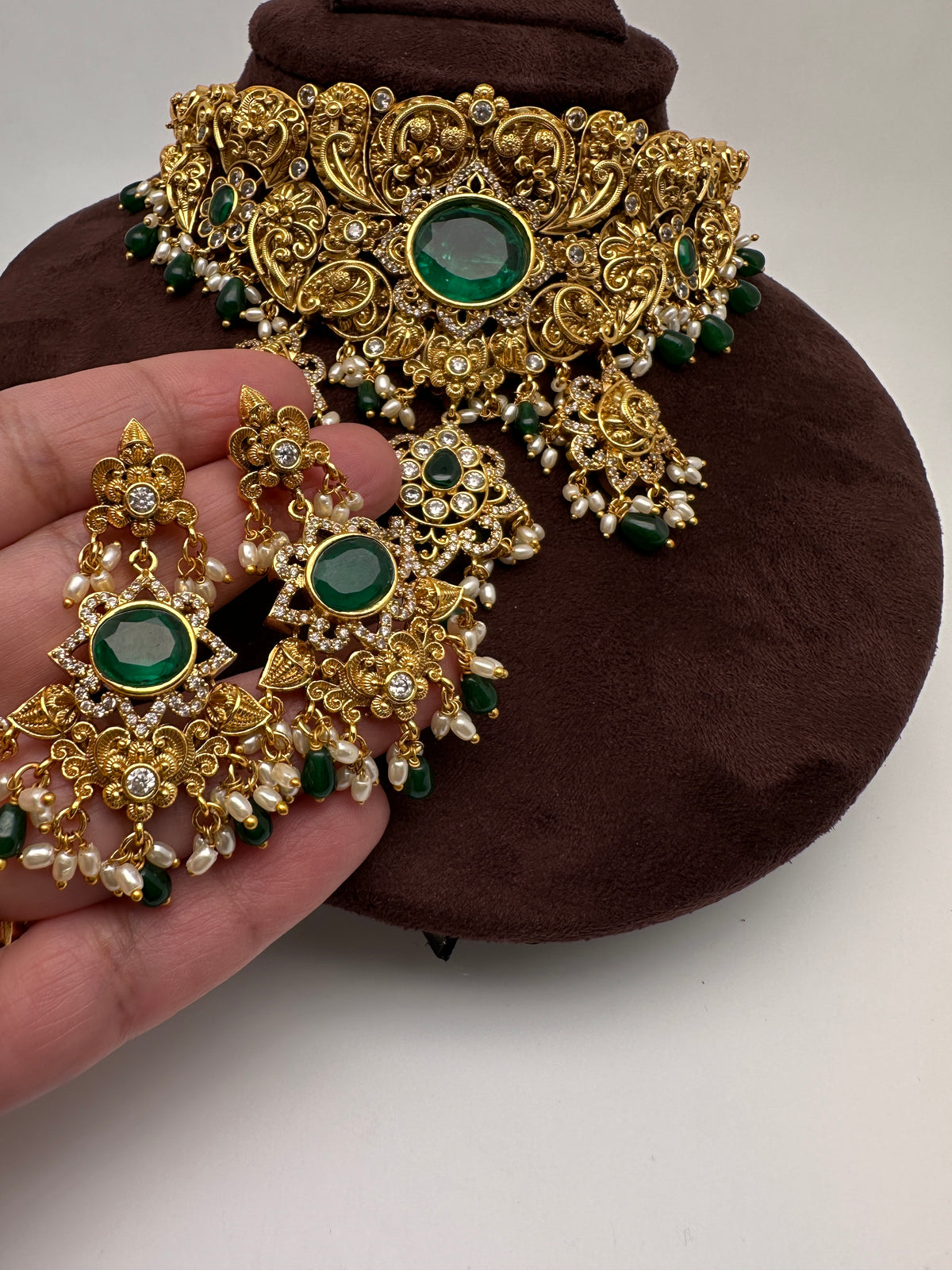 Green Nakshi Matte Choker with Beads and Pearls - 