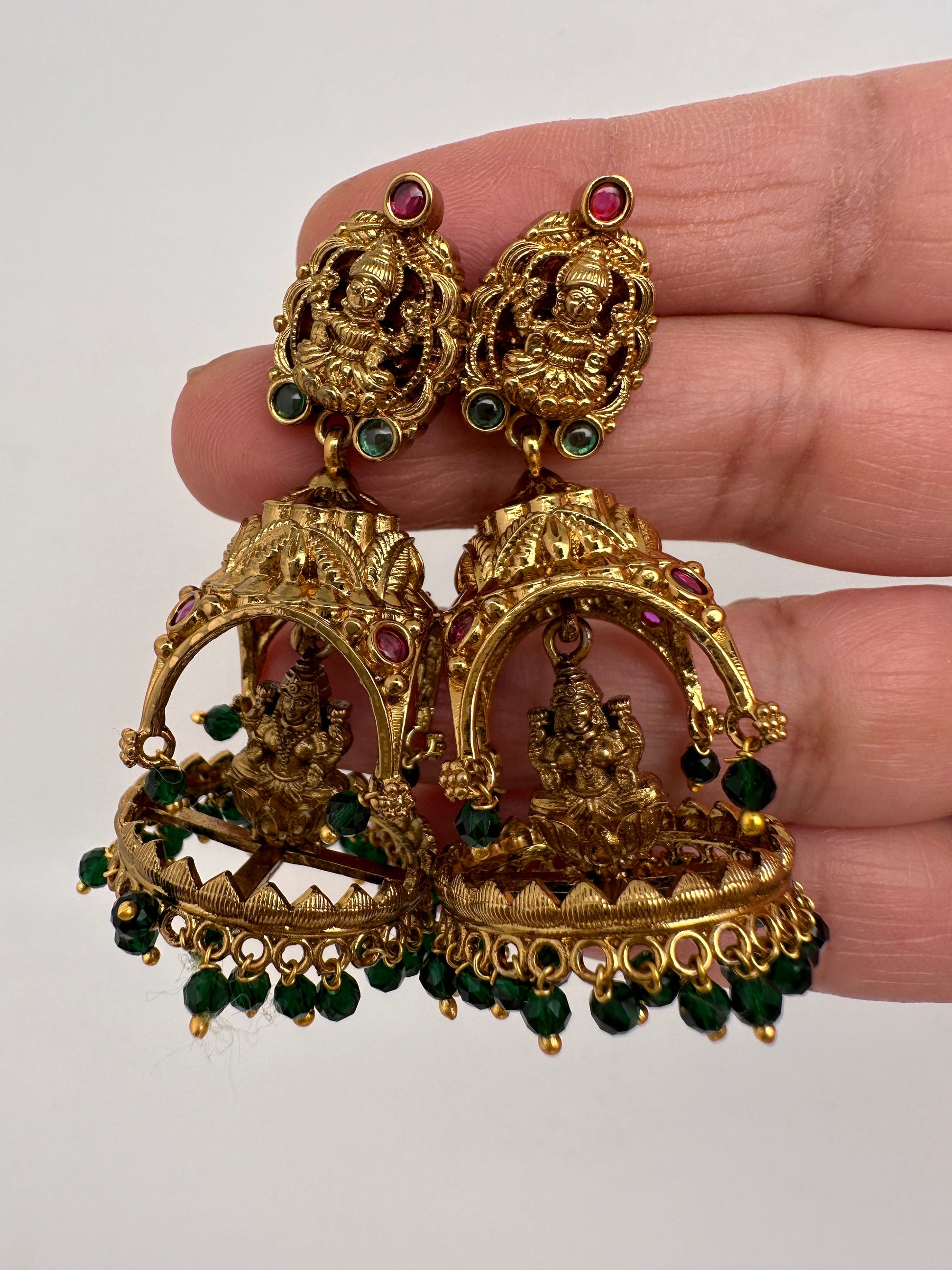 Matte Goddess Lakshmi Jhumka Earrings - Green