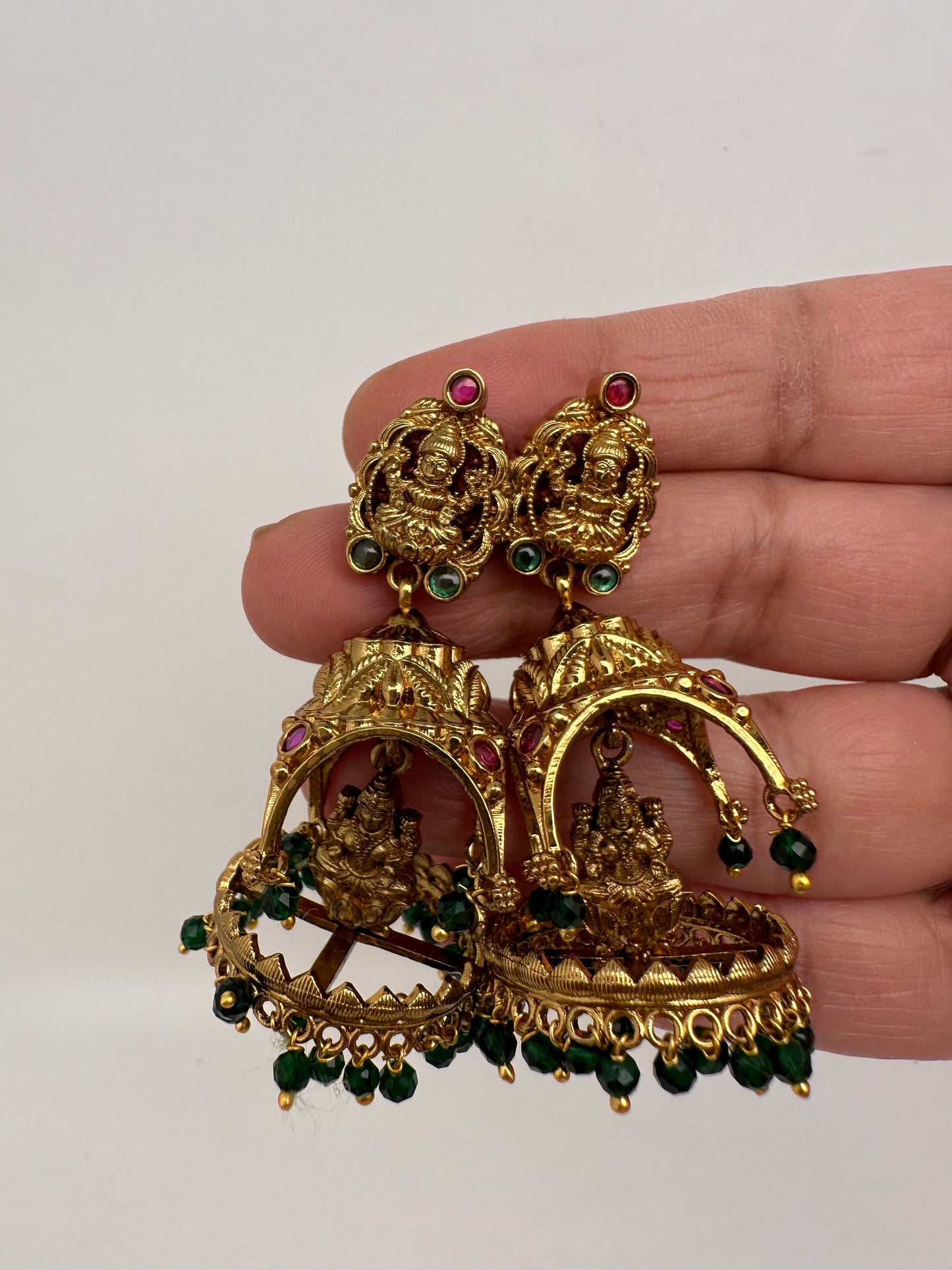 Matte Goddess Lakshmi Jhumka Earrings - Green