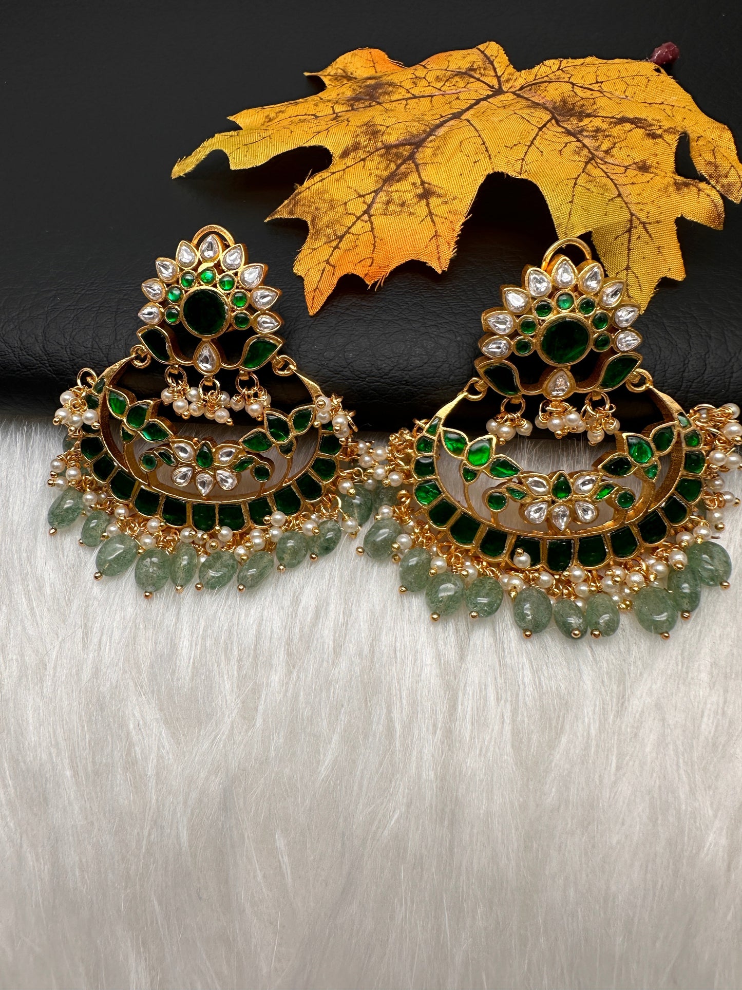 Green Jadau Kundan Pearls Chandballi Earrings