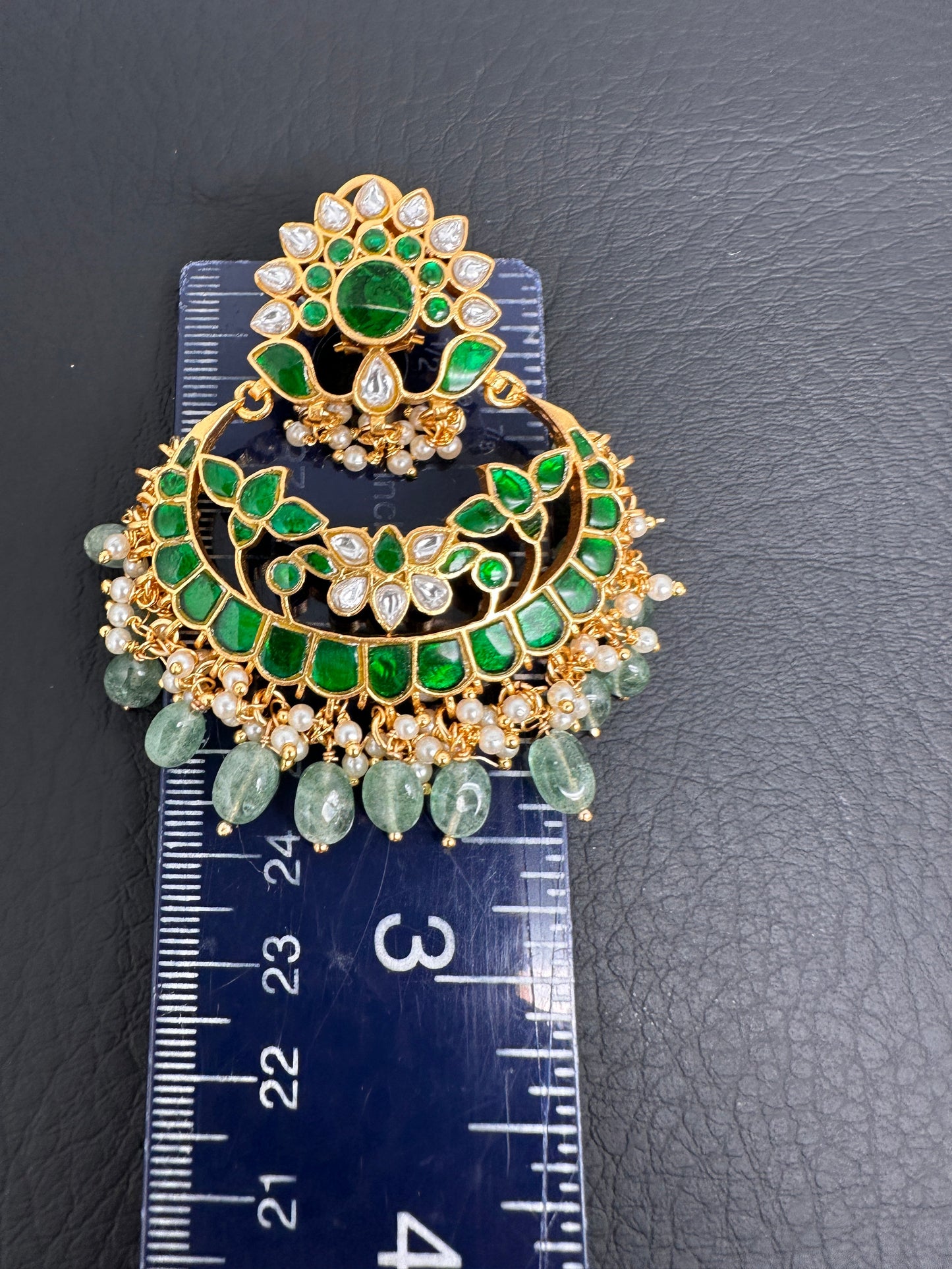 Green Jadau Kundan Pearls Chandballi Earrings