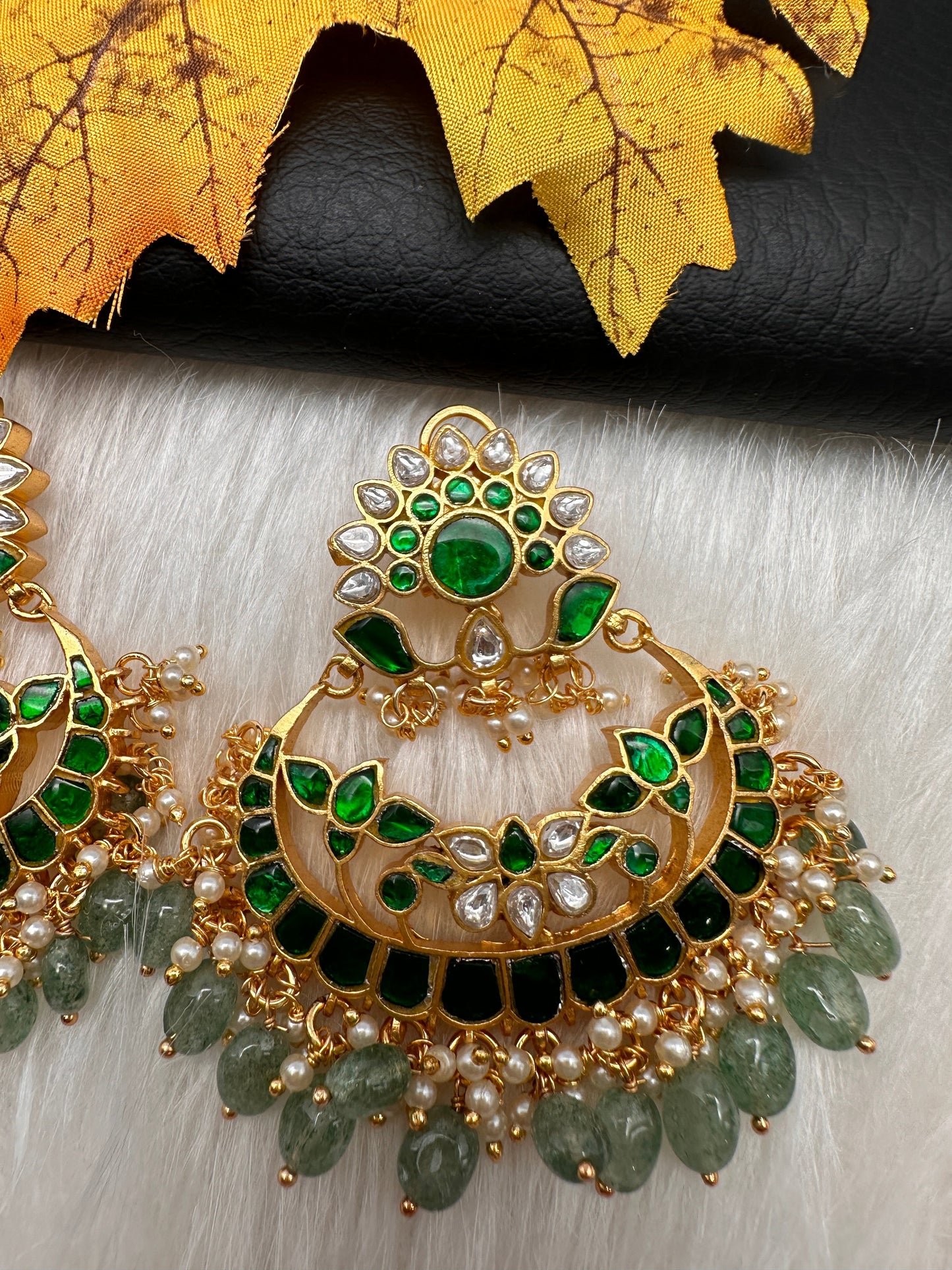 Green Jadau Kundan Pearls Chandballi Earrings