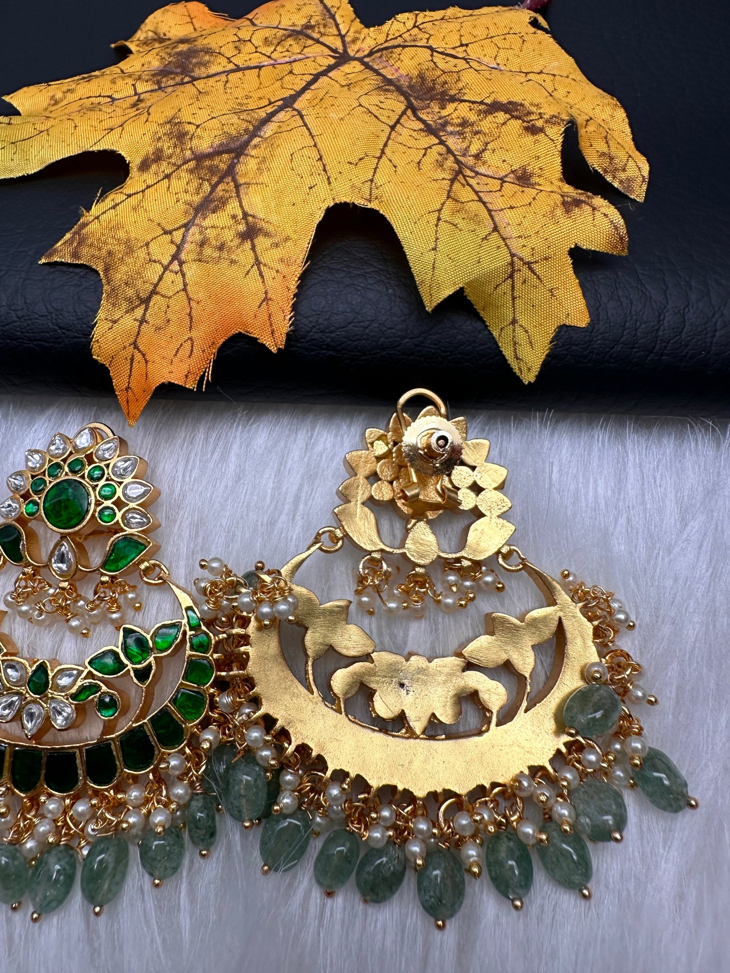 Green Jadau Kundan Pearls Chandballi Earrings