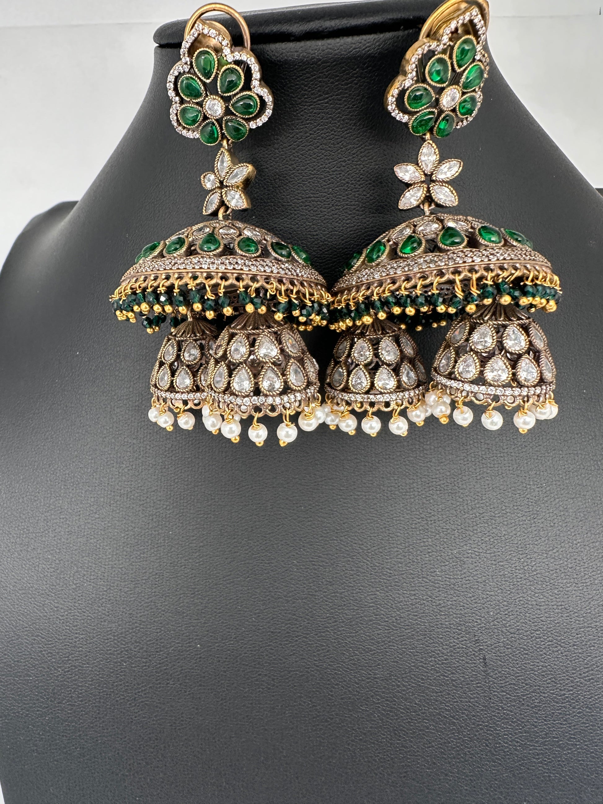 CZ Kundan Triple Jhumkas - Green