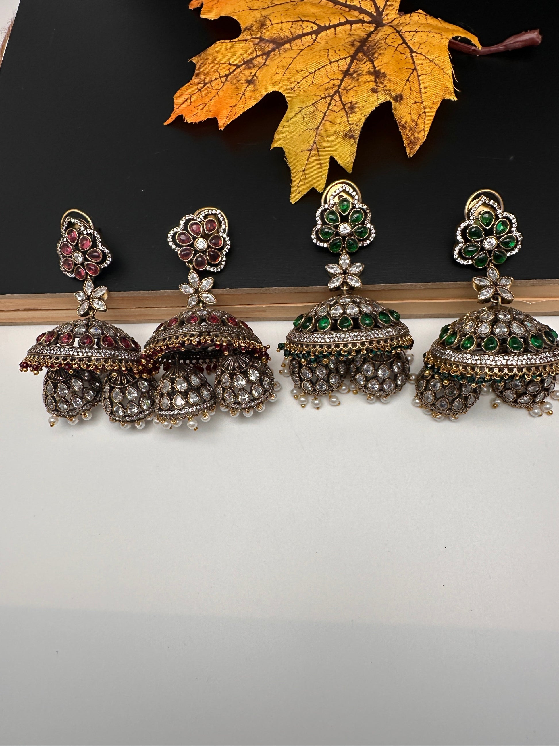 CZ Kundan Triple Jhumkas - Green