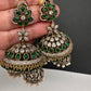 CZ Kundan Triple Jhumkas - Green