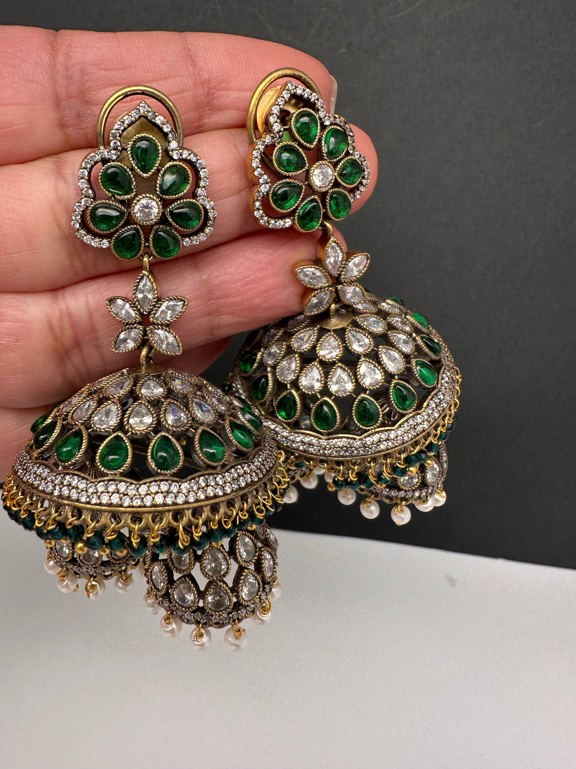 CZ Kundan Triple Jhumkas - Green