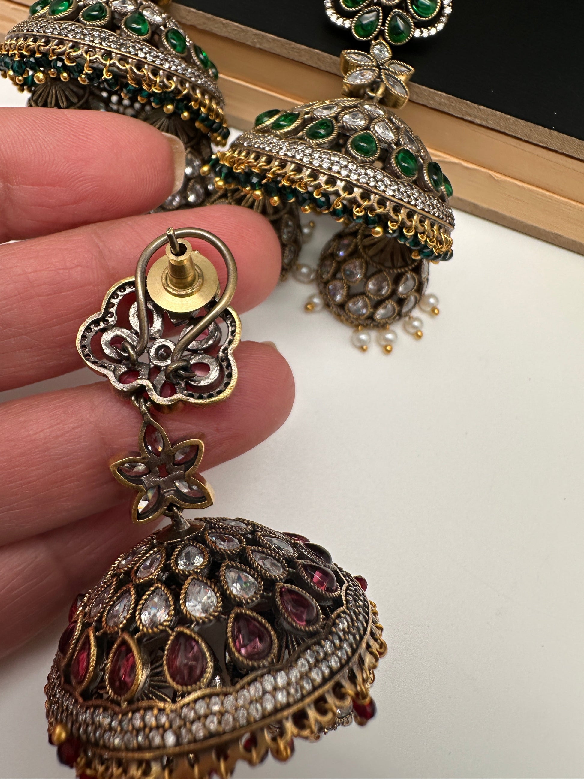CZ Kundan Triple Jhumkas - Green
