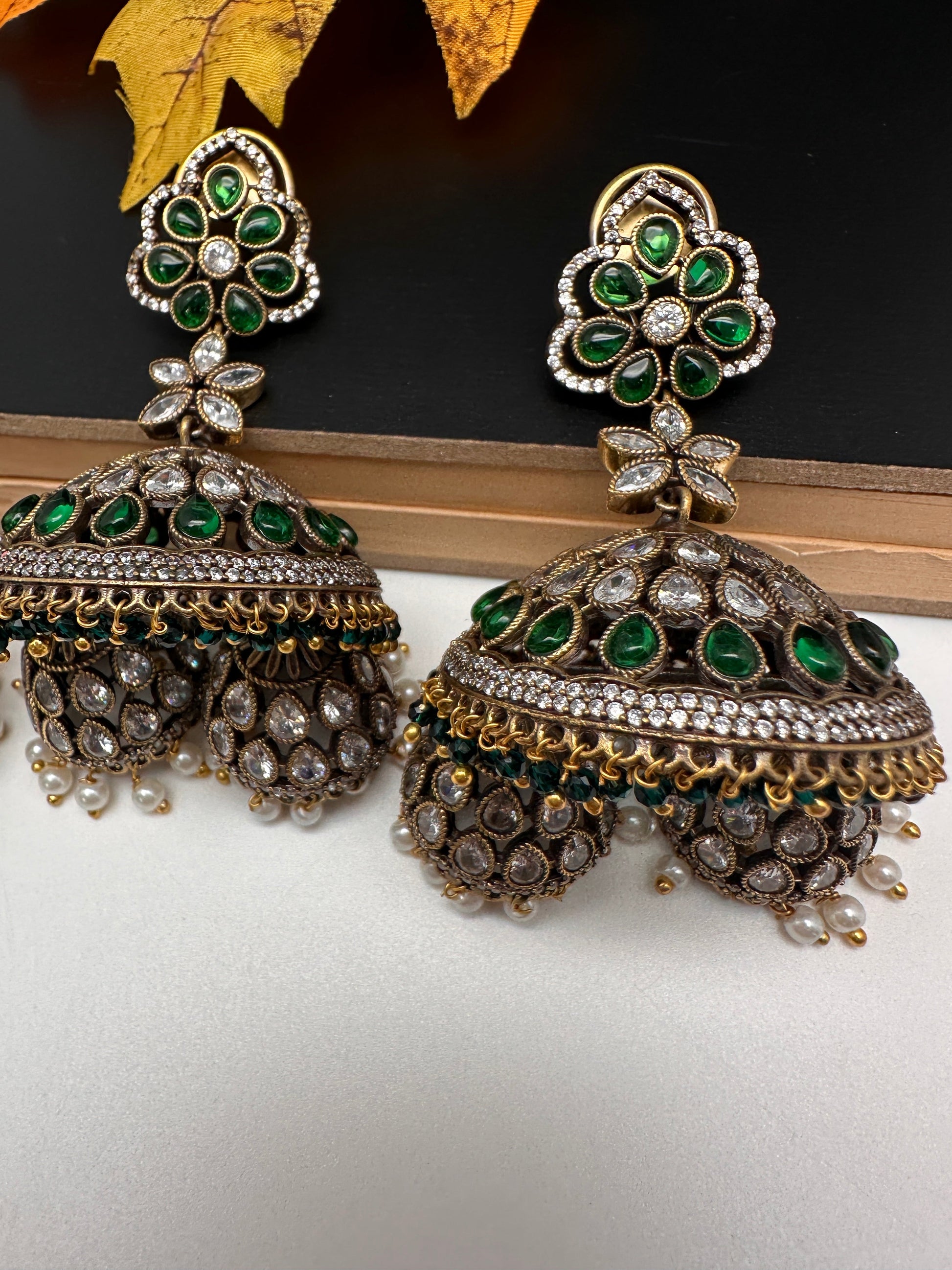 CZ Kundan Triple Jhumkas - Green