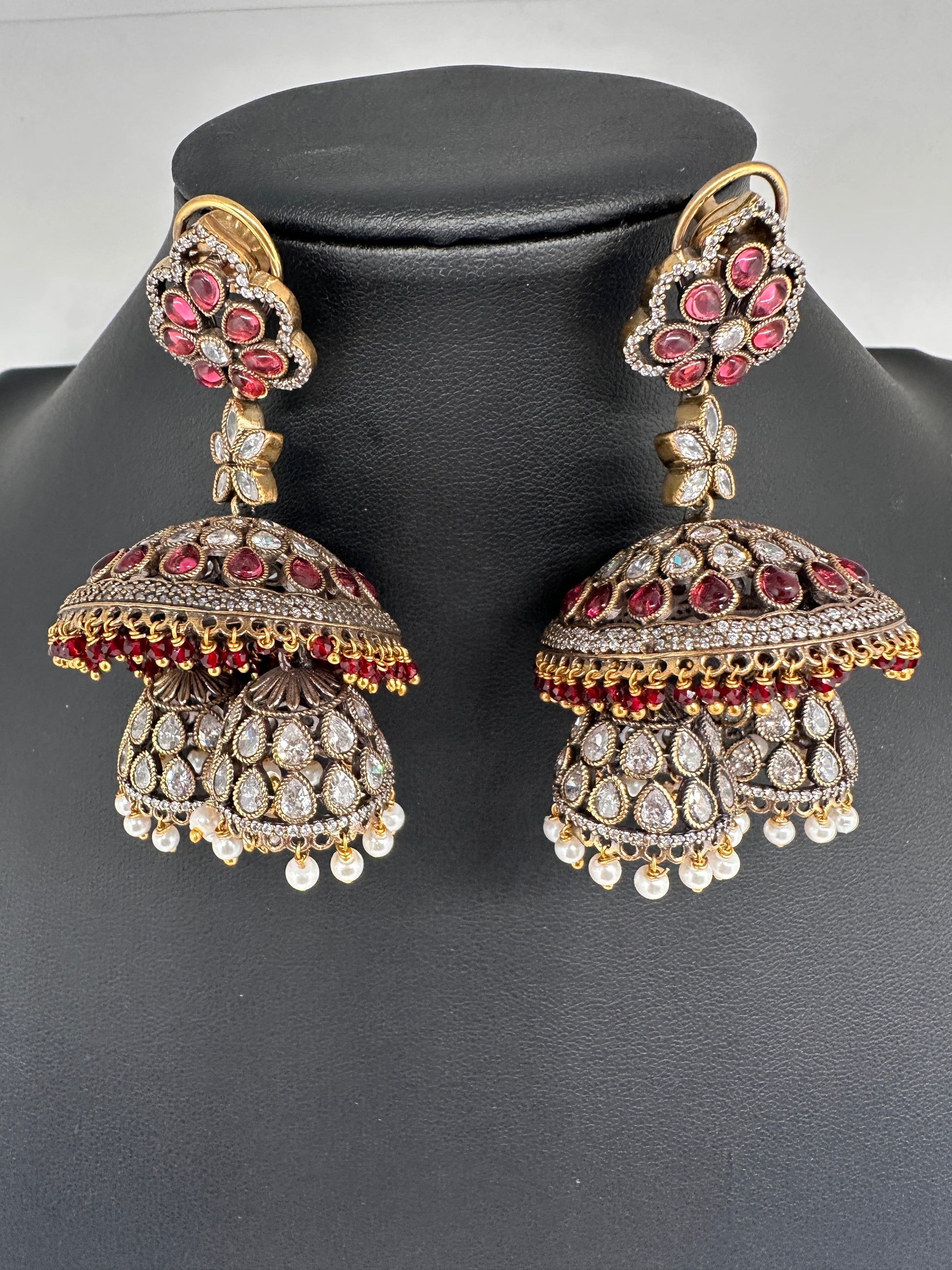 CZ Kundan Triple Jhumkas - Red