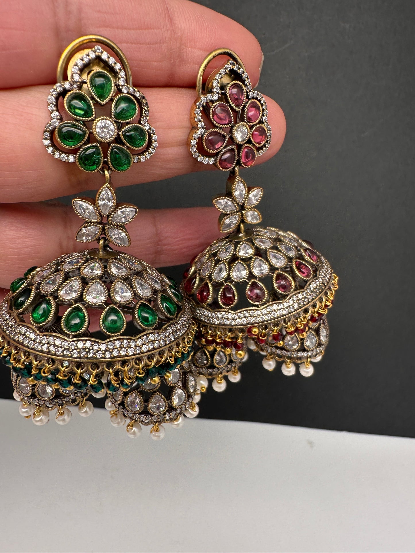 CZ Kundan Triple Jhumkas - Red
