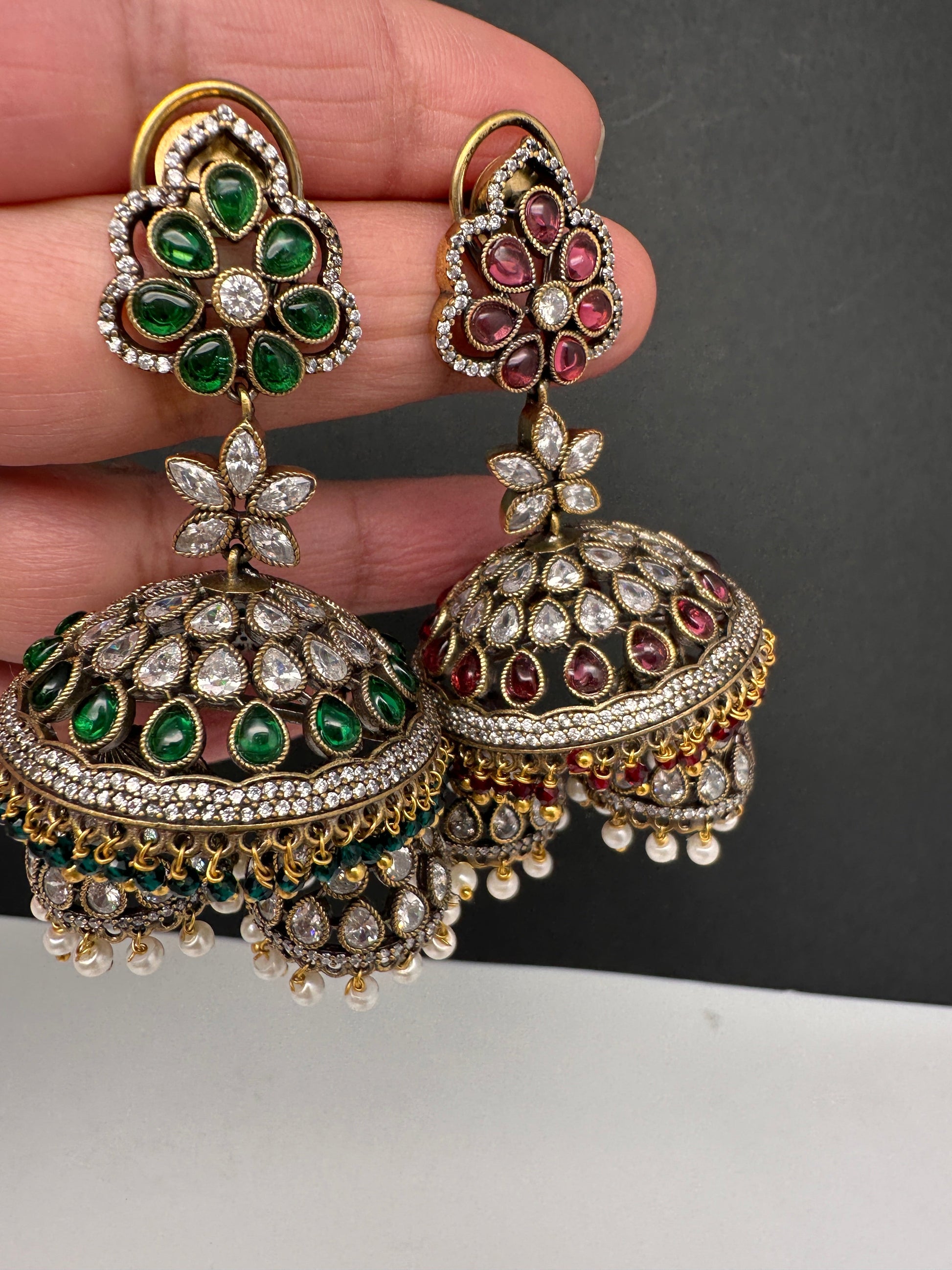 CZ Kundan Triple Jhumkas - Red