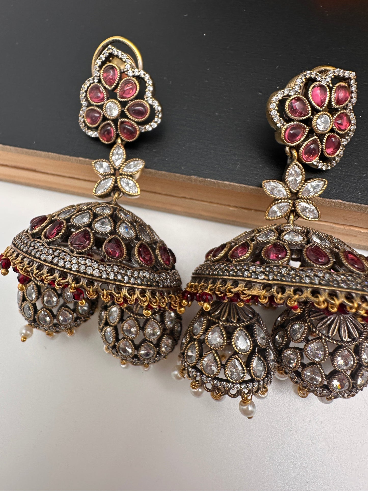 CZ Kundan Triple Jhumkas - Red