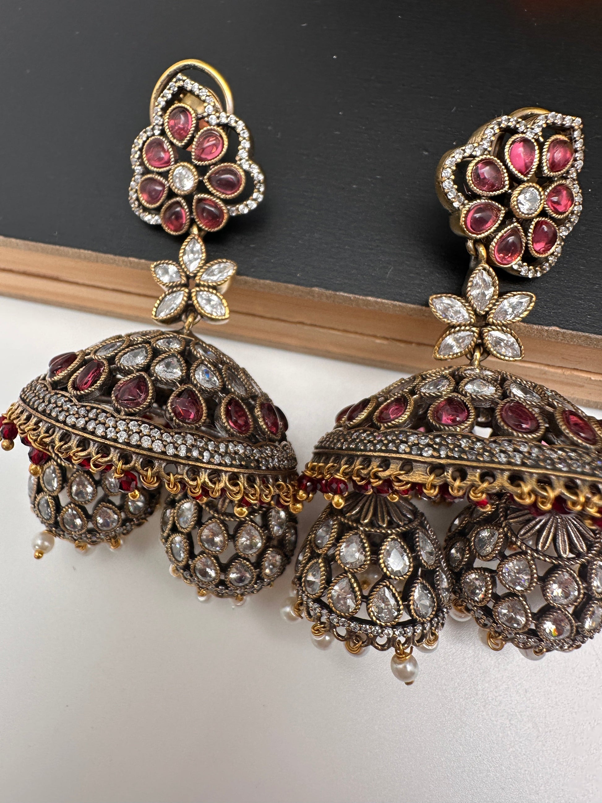 CZ Kundan Triple Jhumkas - Red