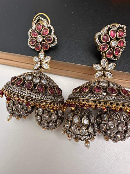CZ Kundan Triple Jhumkas - Red