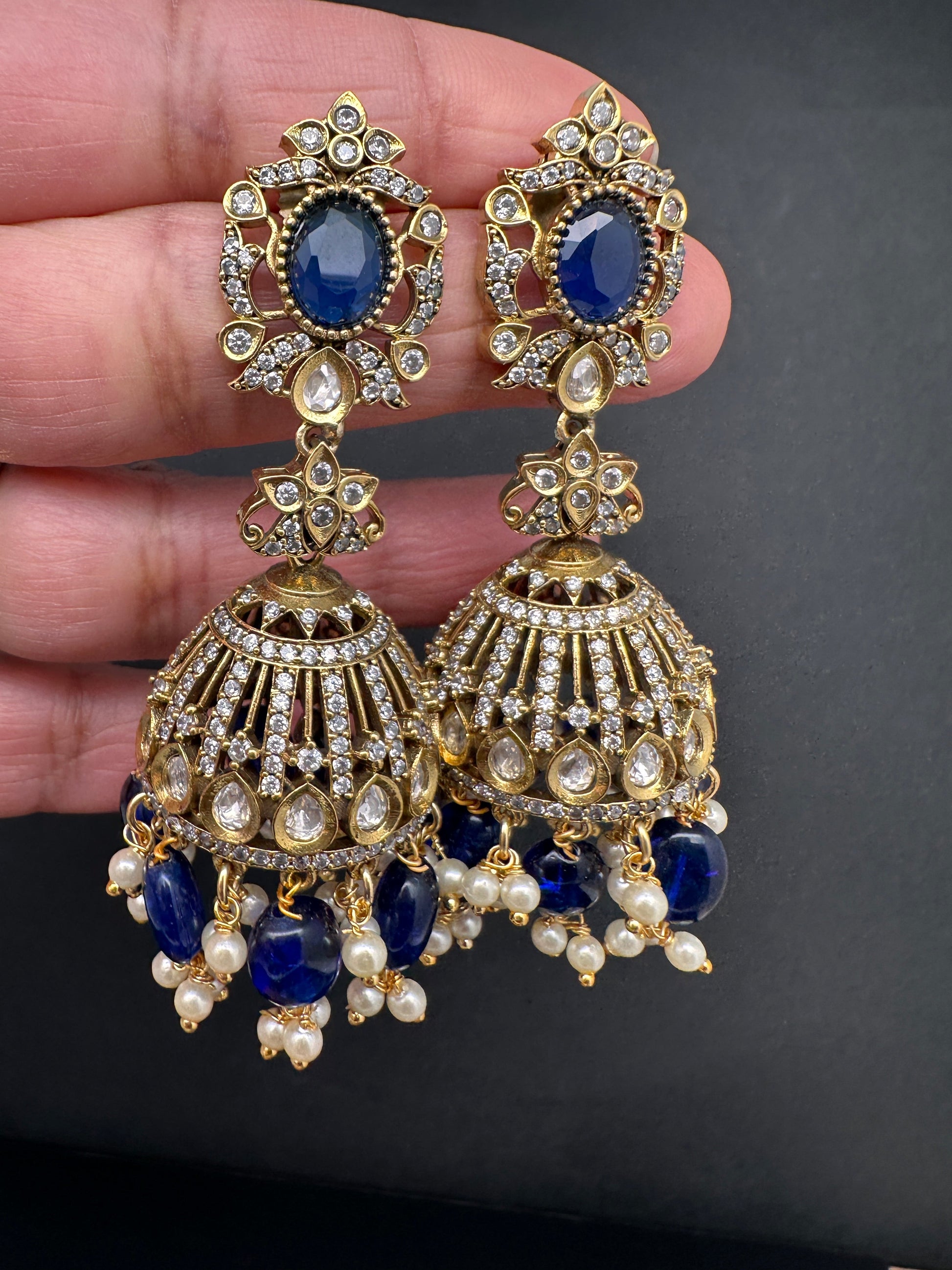 AD Color Stone Victorian Jhumkas - Blue