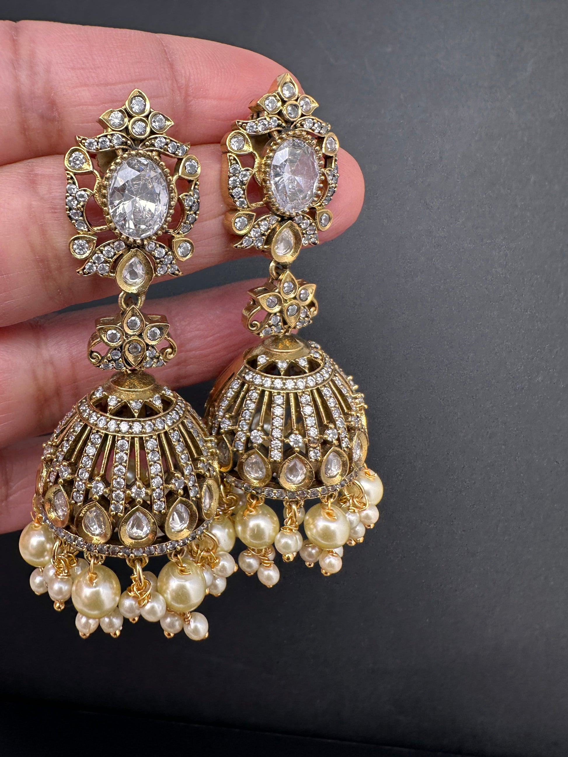AD Color Stone Victorian Jhumkas - Clear