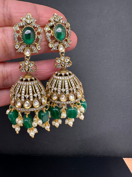 AD Color Stone Victorian Jhumkas - Green