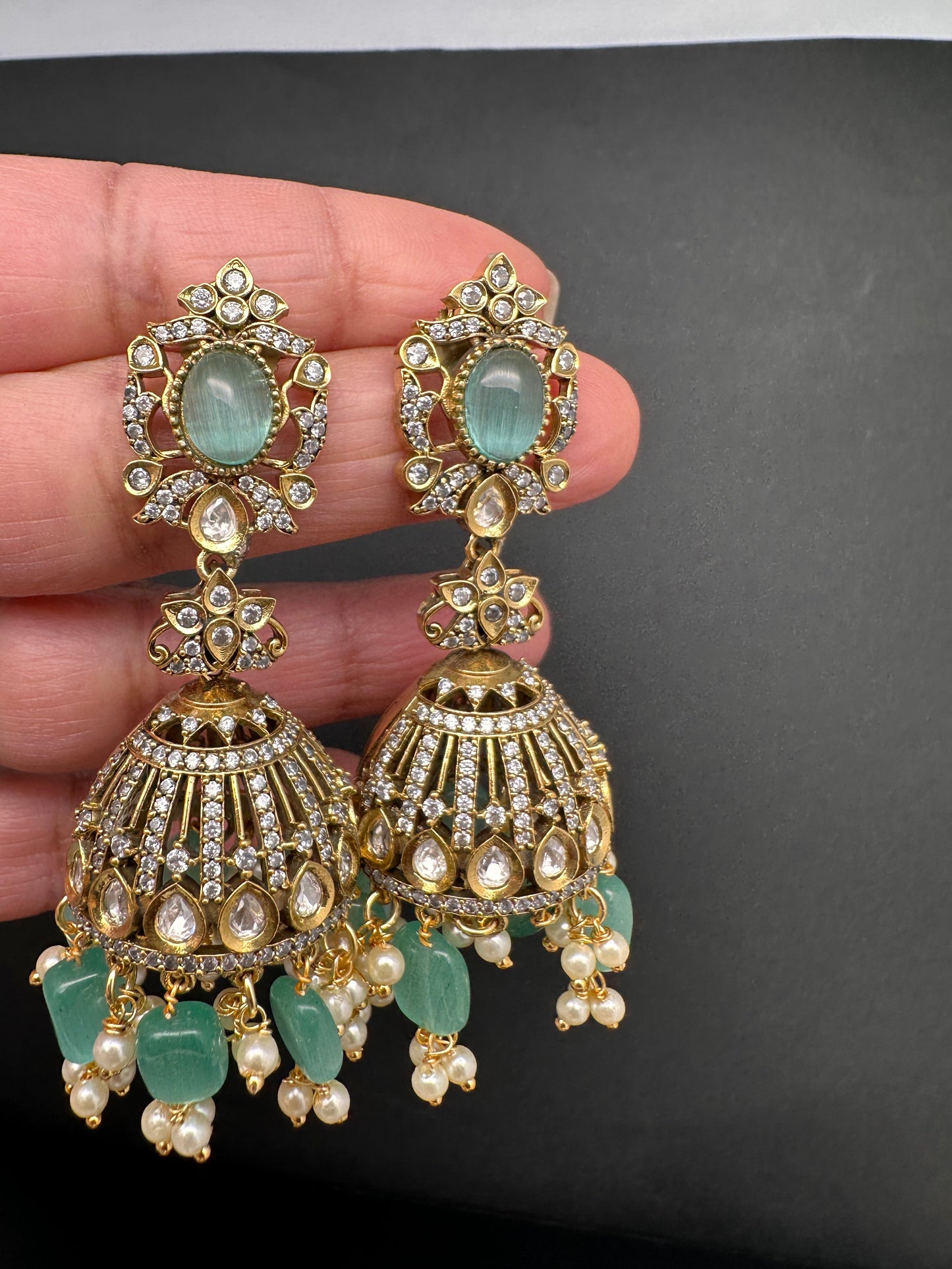 AD Color Stone Victorian Jhumkas - MintGreen