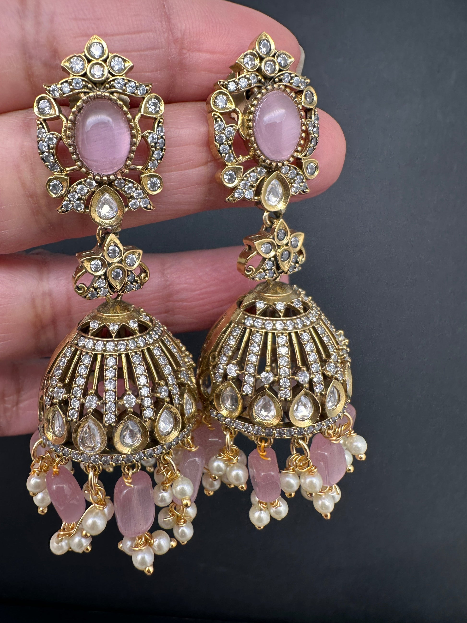 AD Color Stone Victorian Jhumkas - Pink