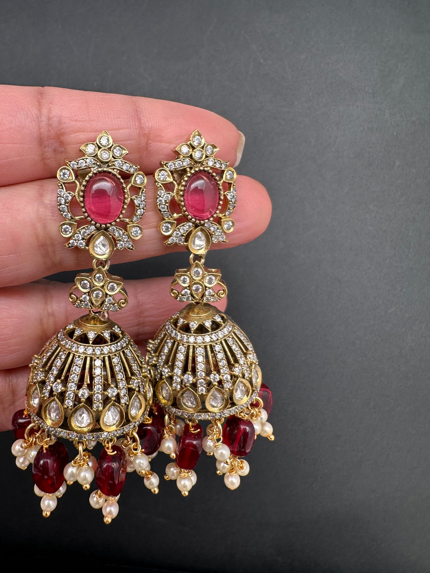 AD Color Stone Victorian Jhumkas