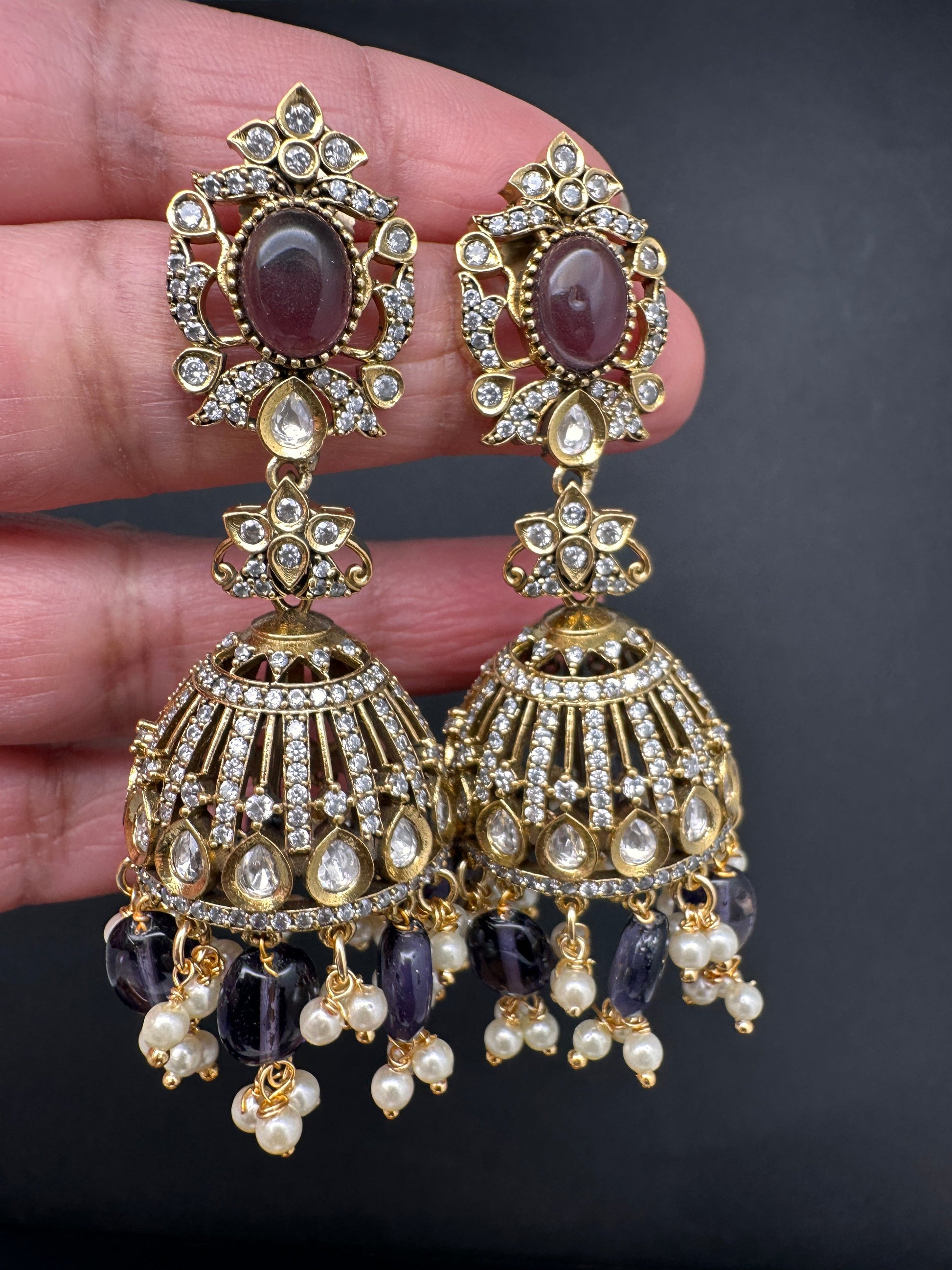 AD Color Stone Victorian Jhumkas - Purple