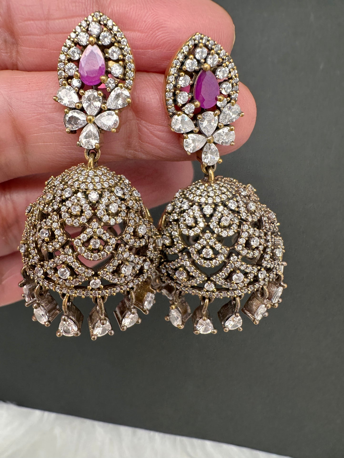 AD Color Stone Victorian Jhumkas - Green