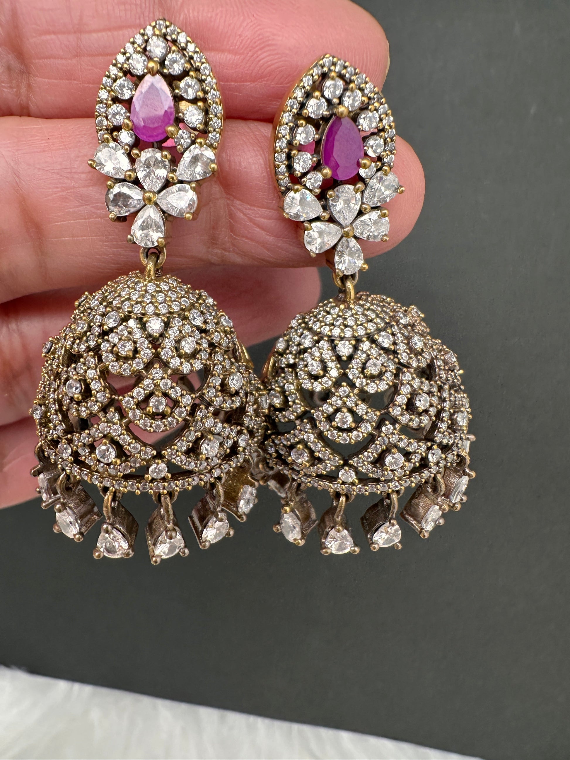 AD Color Stone Victorian Jhumkas - Green