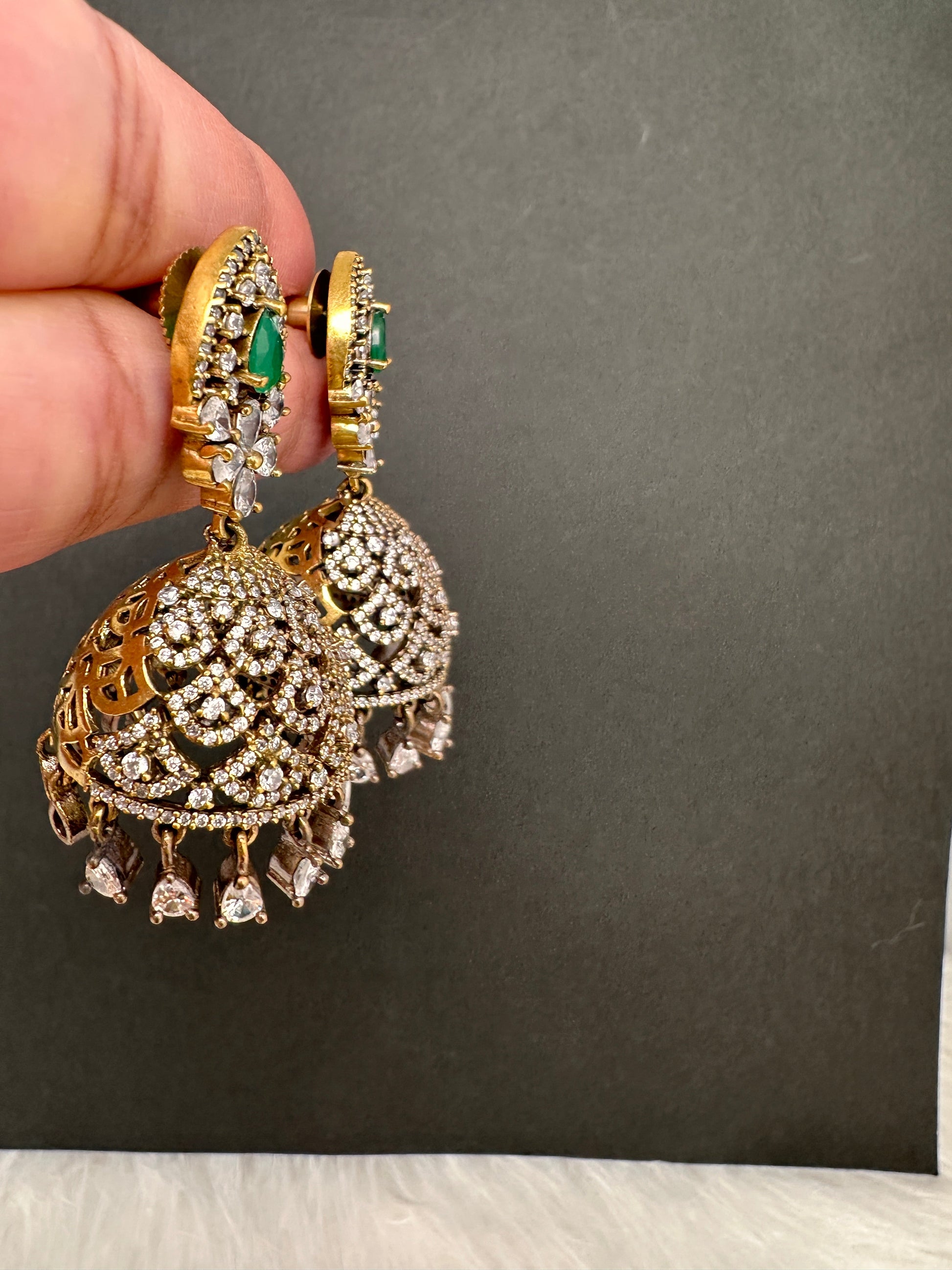 AD Color Stone Victorian Jhumkas - Green