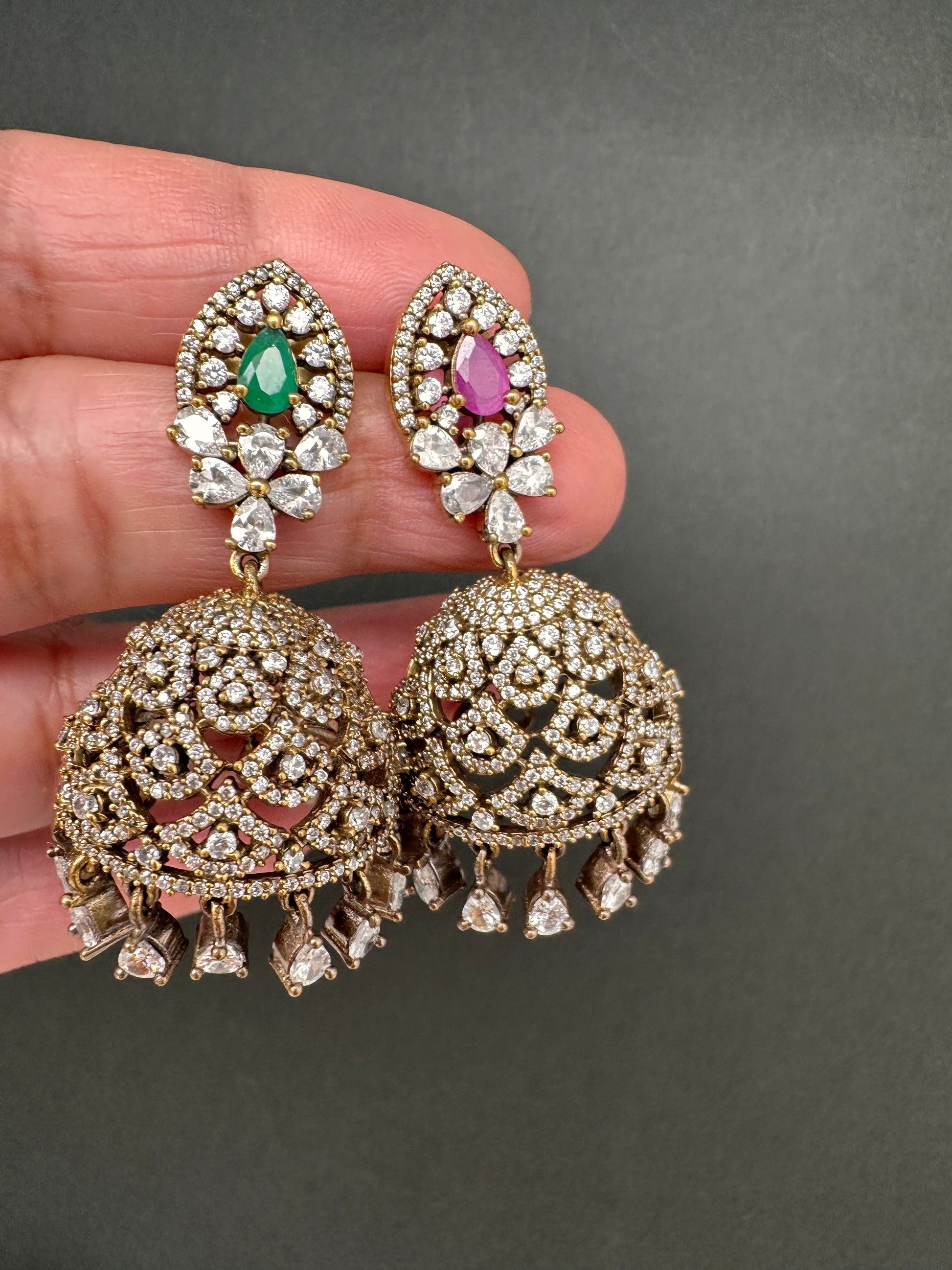 AD Color Stone Victorian Jhumkas - Red