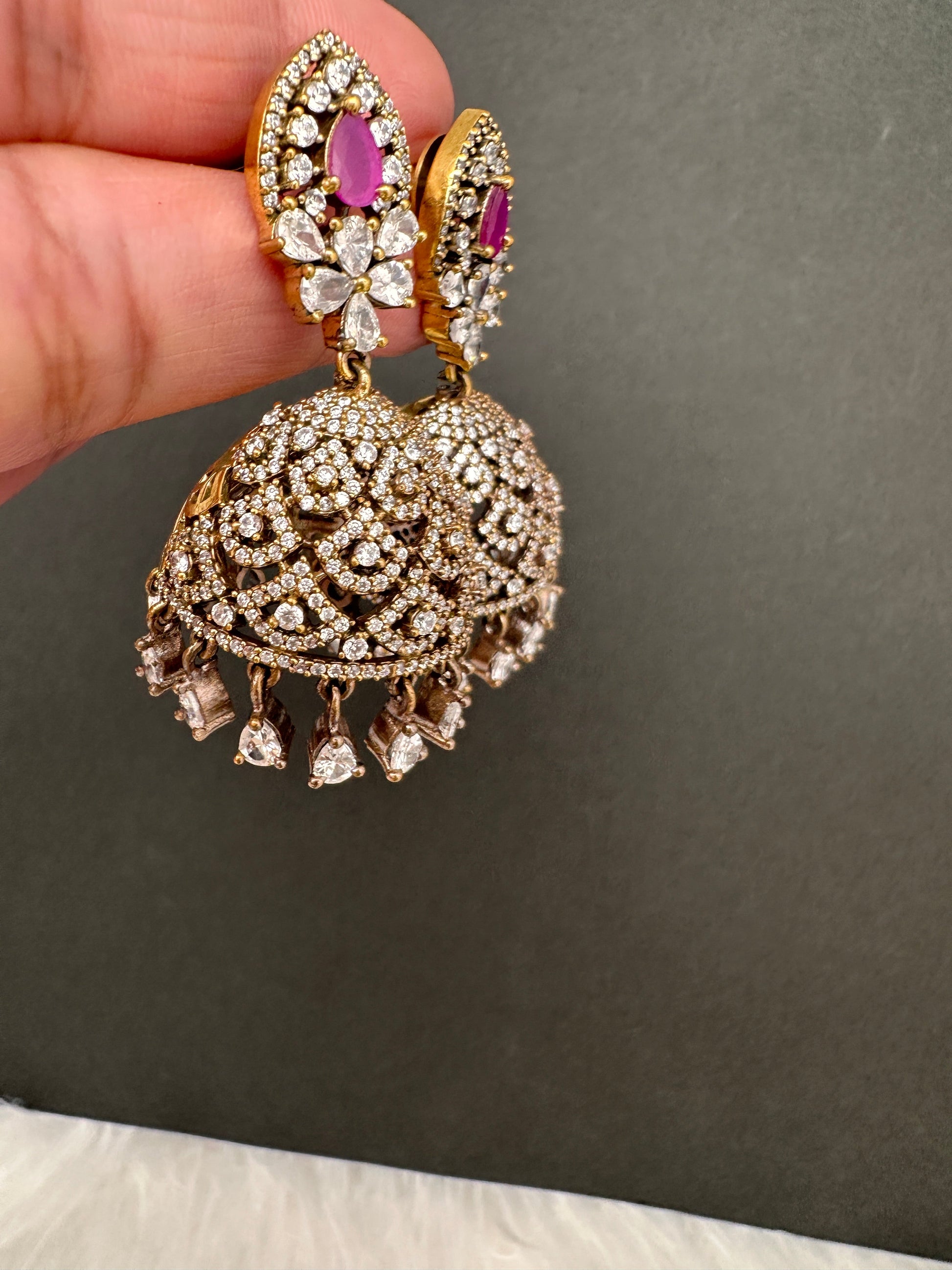 AD Color Stone Victorian Jhumkas - Red