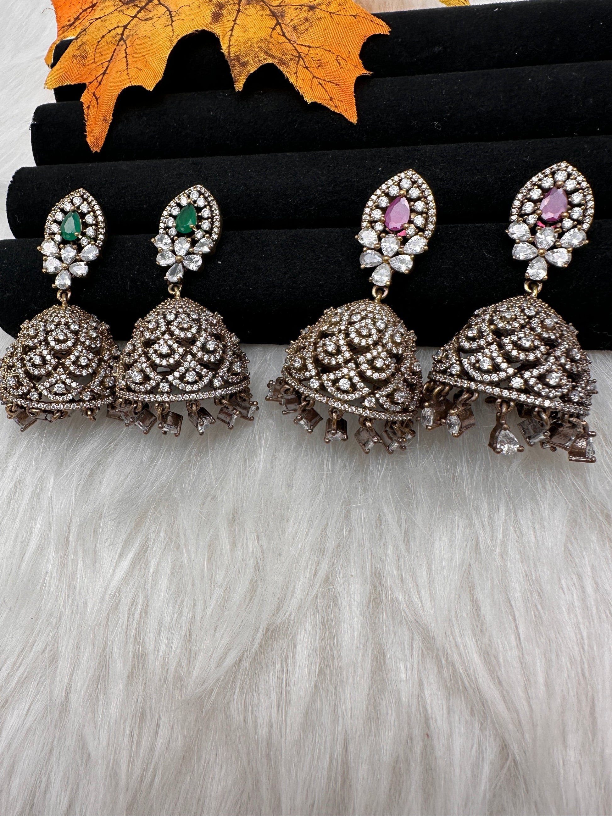 AD Color Stone Victorian Jhumkas - Red